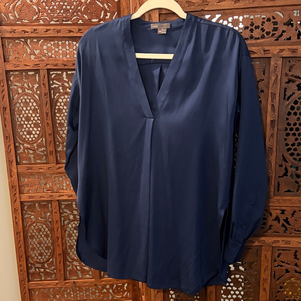 Eileen Fisher Deep Navy V-Neck Silk Tunic Blouse